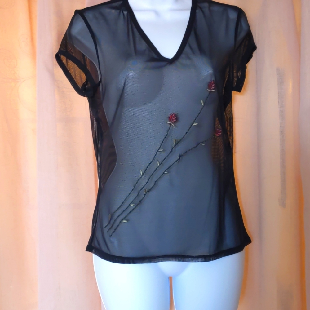 Sheer Mesh Black Rose Floral Express Tshirt